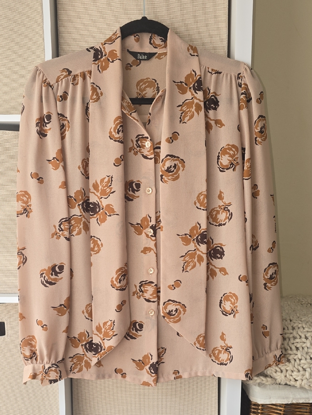 Vintage Dalton Taupe Floral Tie-Neck Blouse